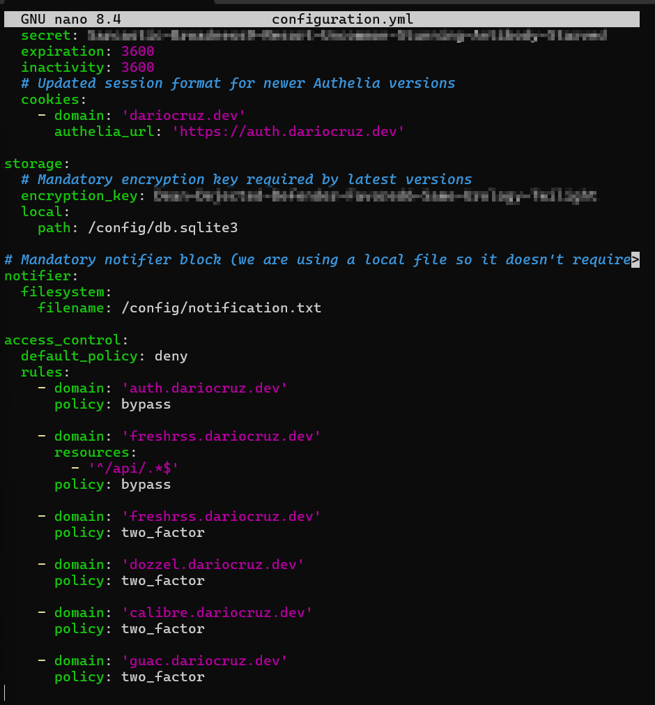 Screenshot of the Authelia configuration.yml showing the access_control section